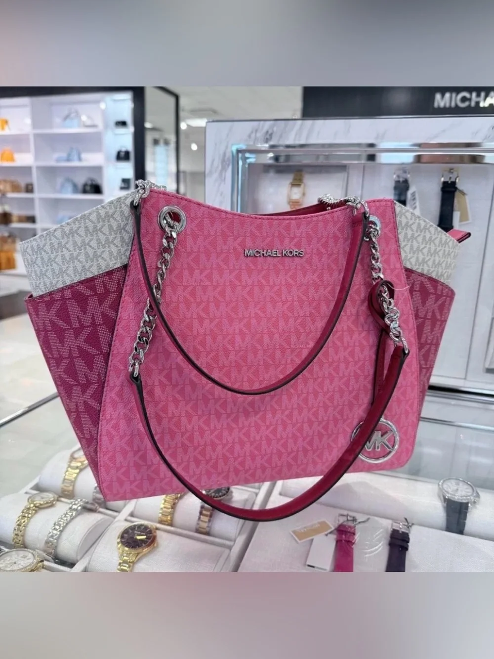 Michael Kors Raspberry Multi Chain Shoulder Tote - Picture 2 of 5